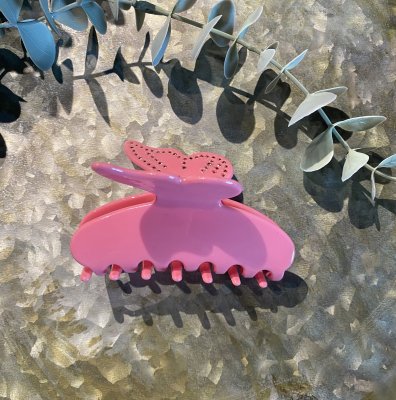Hårklämma - Stor strass fjäril rosa 