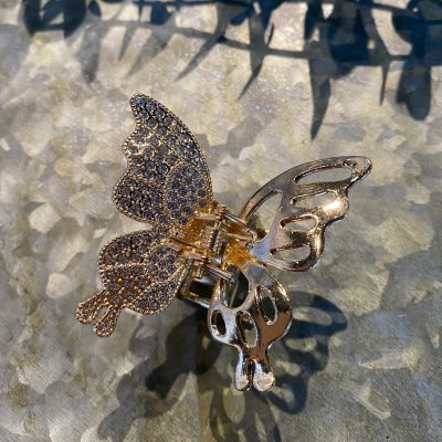 Hårklämma - Metall fjäril strass guld 