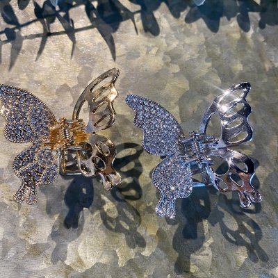 Hårklämma - Metall fjäril strass guld 